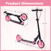 Dimensions of the pink foldable kick scooter for kids and adults, featuring adjustable handlebars and large light-up.