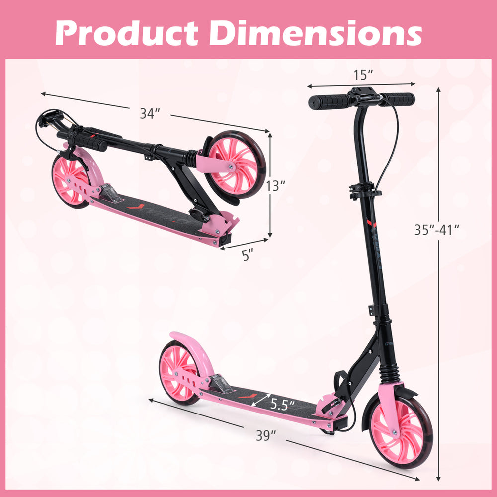 Dimensions of the pink foldable kick scooter for kids and adults, featuring adjustable handlebars and large light-up.