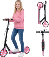 Kick scooter for kids and teens in pink with large light-up wheels, adjustable handlebar, and foldable design for easy.