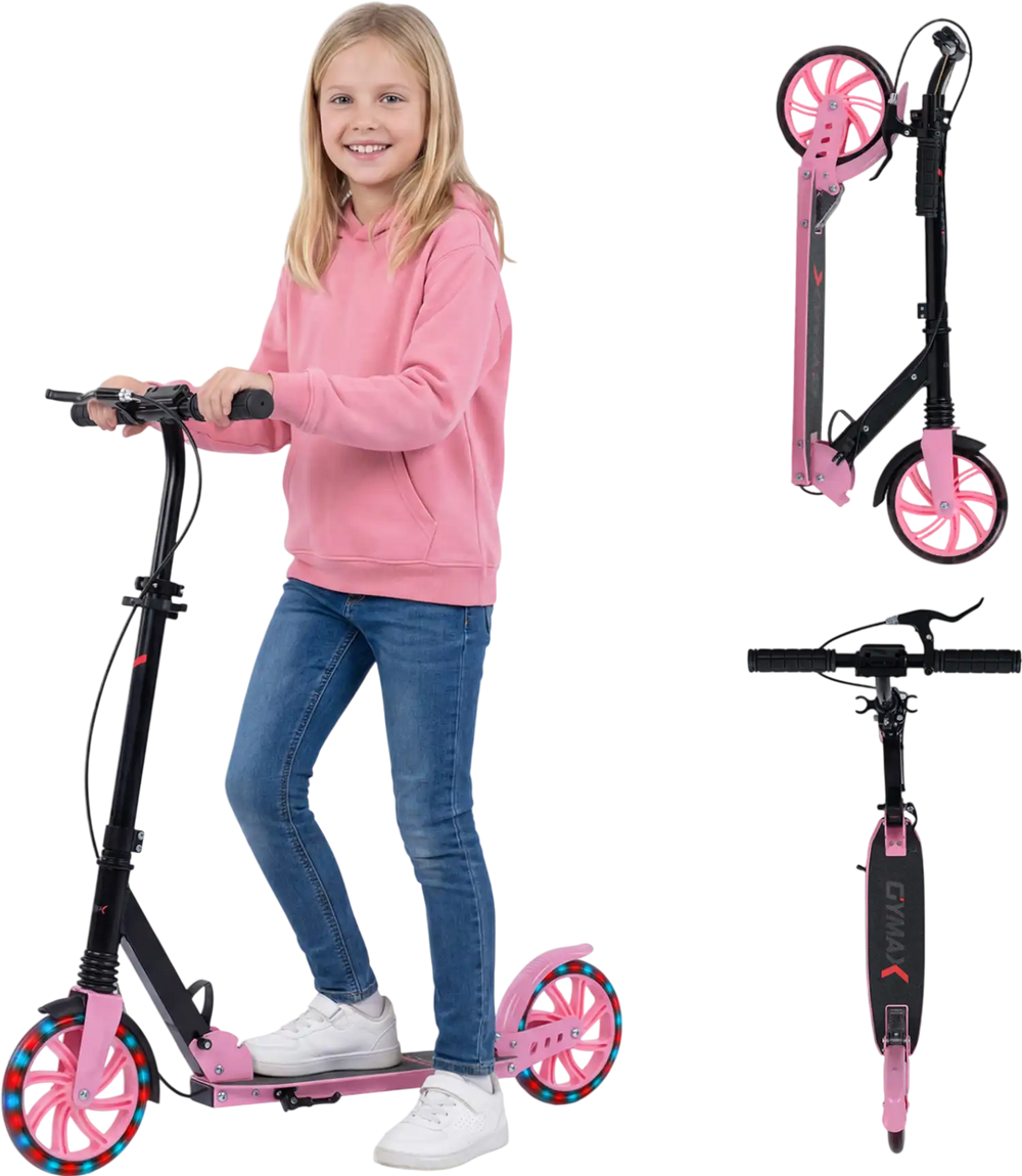 Kick scooter for kids and teens in pink with large light-up wheels, adjustable handlebar, and foldable design for easy.