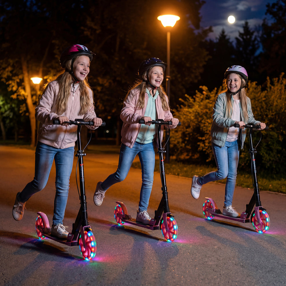 Three girls riding pink foldable kick scooters with large light-up wheels, enjoying a fun night outdoors.