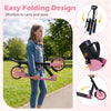 Foldable pink kick scooter with large light-up wheels, designed for kids and adults, easy to carry and store.