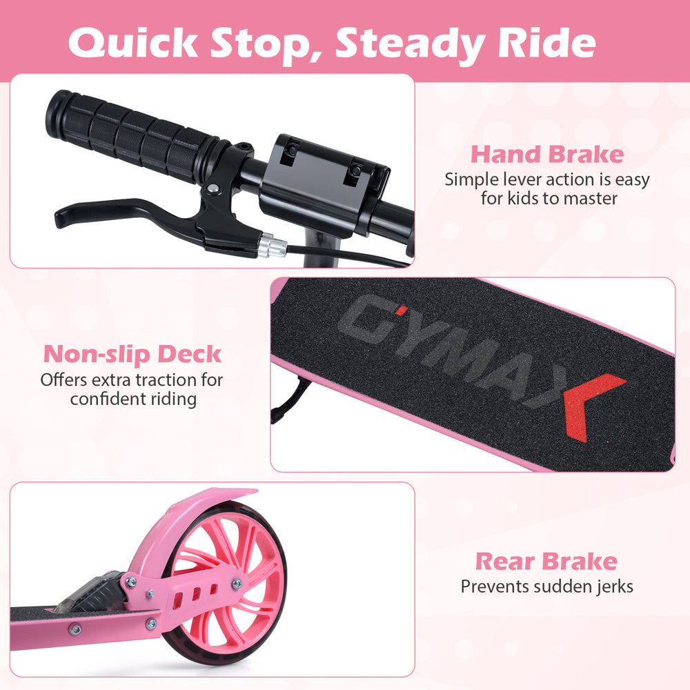 Kick scooter with large light-up wheels, non-slip deck, and hand brake for kids and teens, ideal for safe riding.