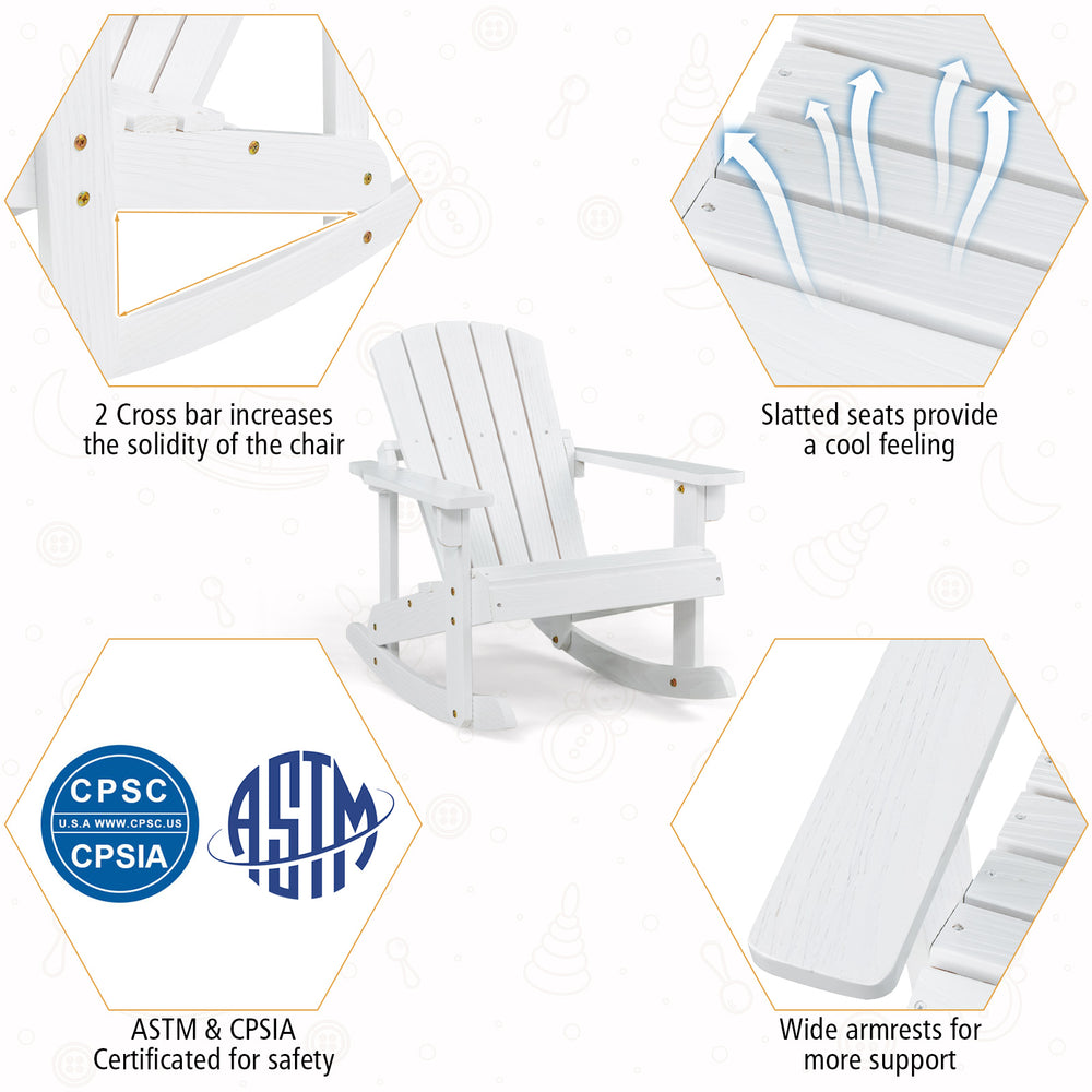 Outdoor wooden kid Adirondack rocking chair in white with slatted seat for a cooler feel and sturdy cross bars.