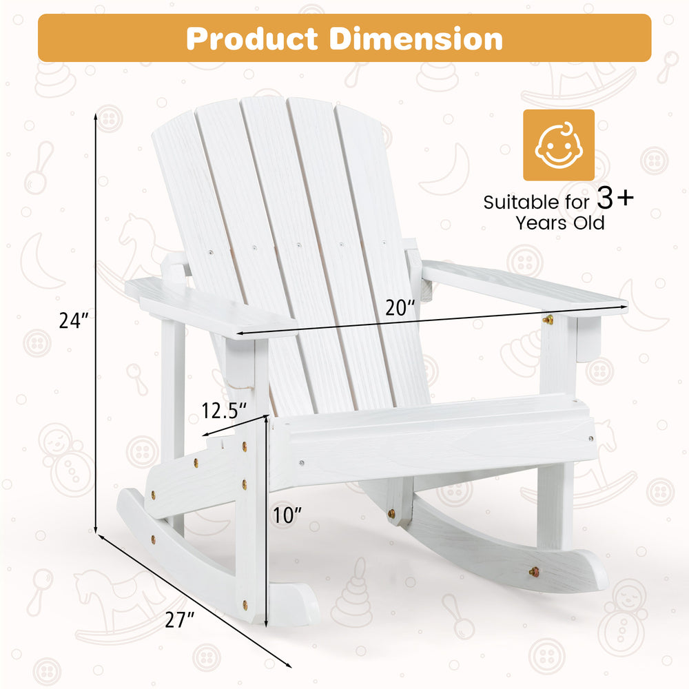 White outdoor wooden kid Adirondack rocking chair dimensions, featuring a slatted seat for comfort and safety.