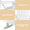 High backrest and smooth rocking feet of the white wooden kid Adirondack rocking chair for outdoor relaxation.