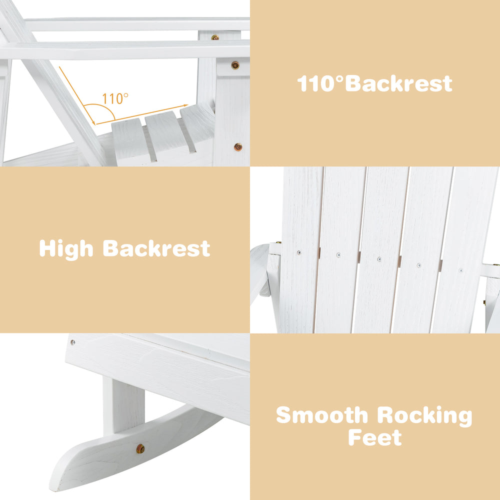 High backrest and smooth rocking feet of the white wooden kid Adirondack rocking chair for outdoor relaxation.