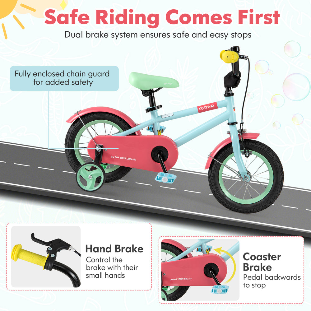 Kids bike with adjustable handlebars and saddle, featuring a dual brake system and training wheels for safe riding.