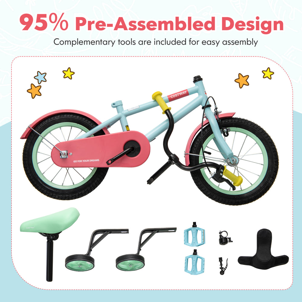 Kids bike with adjustable handlebar and saddle in blue, featuring 12-inch wheels and removable training wheels for.
