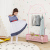 Kid clothes rack in pink with adjustable heights, featuring a bear design and wheels for easy movement and storage.