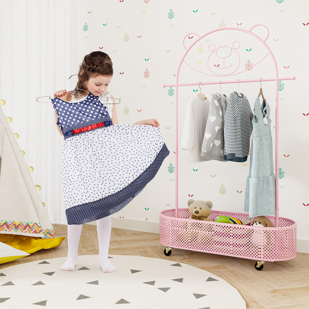 Kid clothes rack in pink with adjustable heights, featuring a bear design and wheels for easy movement and storage.
