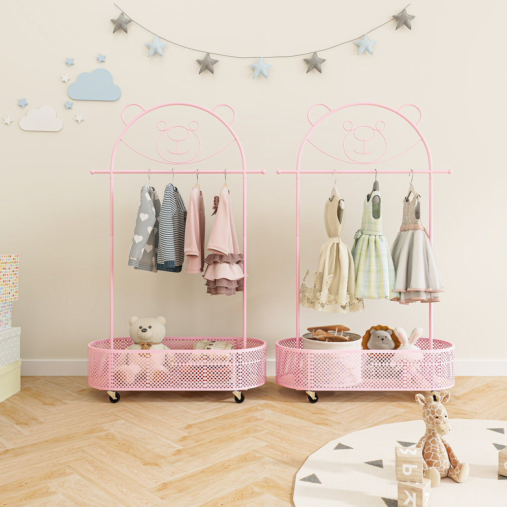 Kid clothes rack in pink with bear design, featuring adjustable heights, wheels, and large capacity for storage.