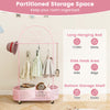 Kid clothes rack in pink with adjustable heights, hanging rod for coats, and bottom storage for toys, perfect for kids'.