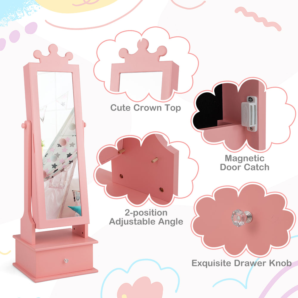 Kids play jewelry armoire in pink with full-length mirror, crown top, and adjustable angle for stylish storage.