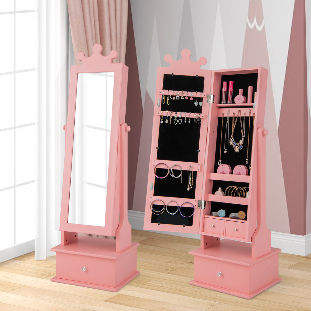 Pink 2-in-1 kids play jewelry armoire with full-length mirror, ample storage, and stylish crown design for little girls.