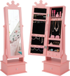 Kids play jewelry armoire in pink with full-length mirror, storage drawers, and crown design for stylish organization.
