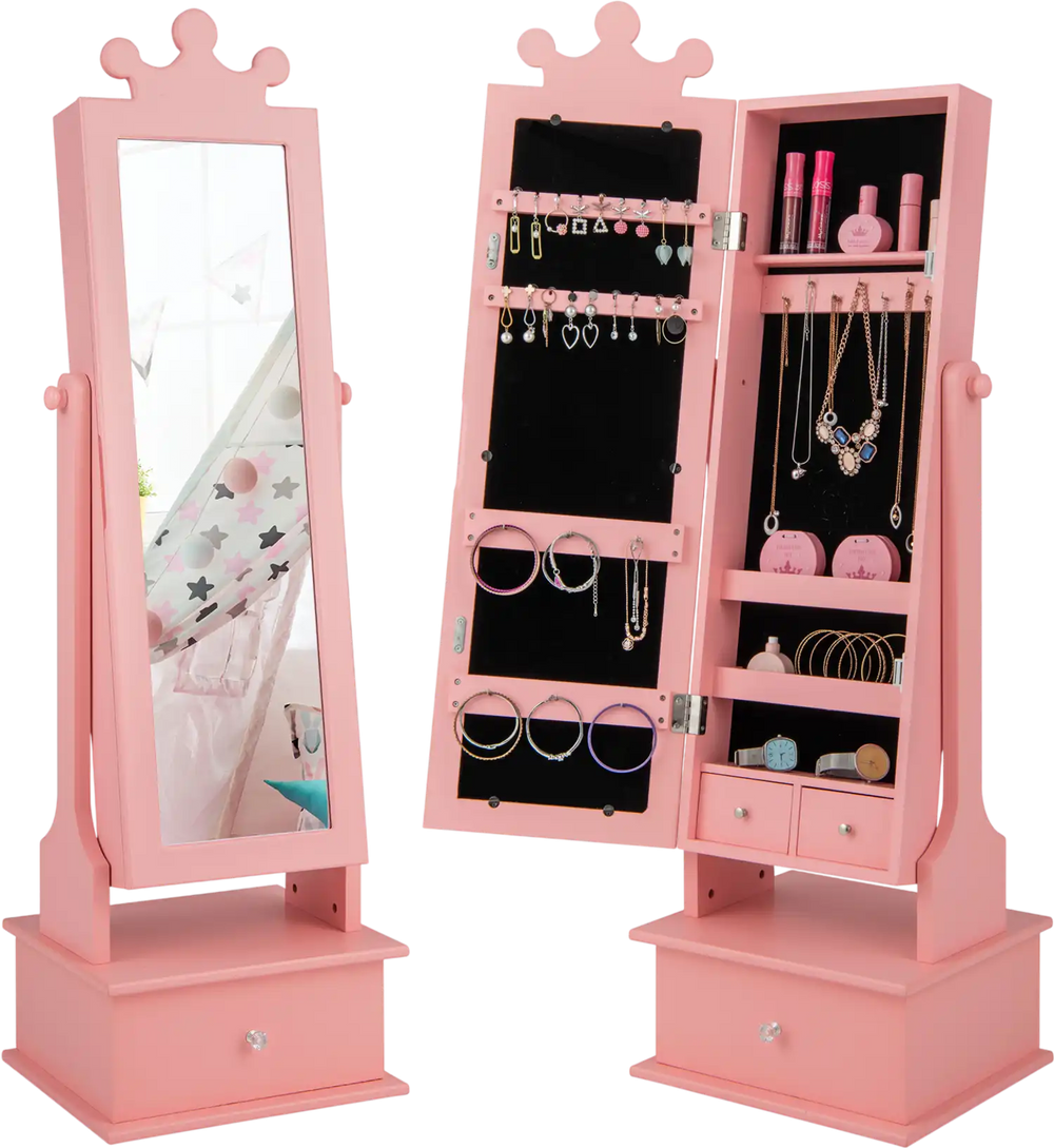 Kids play jewelry armoire in pink with full-length mirror, storage drawers, and crown design for stylish organization.