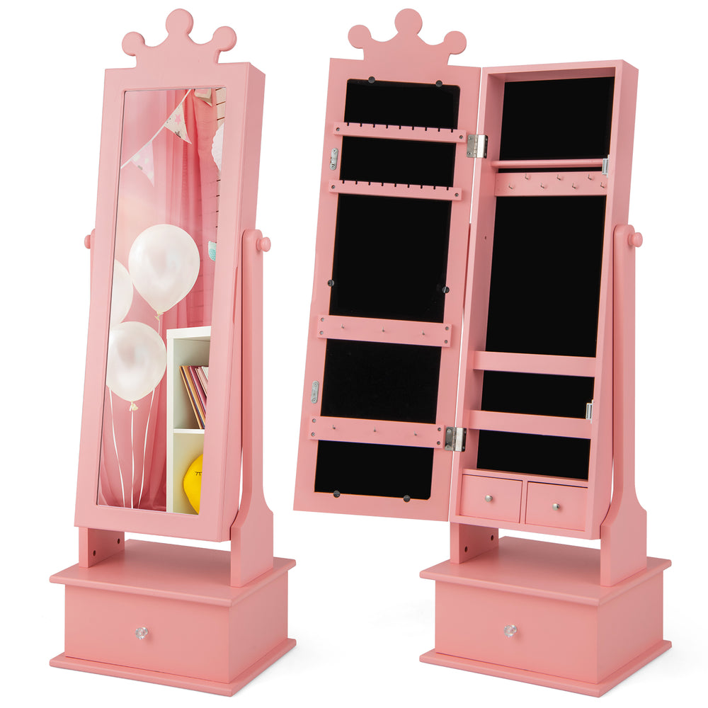 Kids play jewelry armoire in pink with full-length mirror, drawers, and crown design for stylish storage.