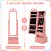 Kids 2-in-1 jewelry armoire in pink with full-length mirror, ample storage, and crown design for stylish organization.