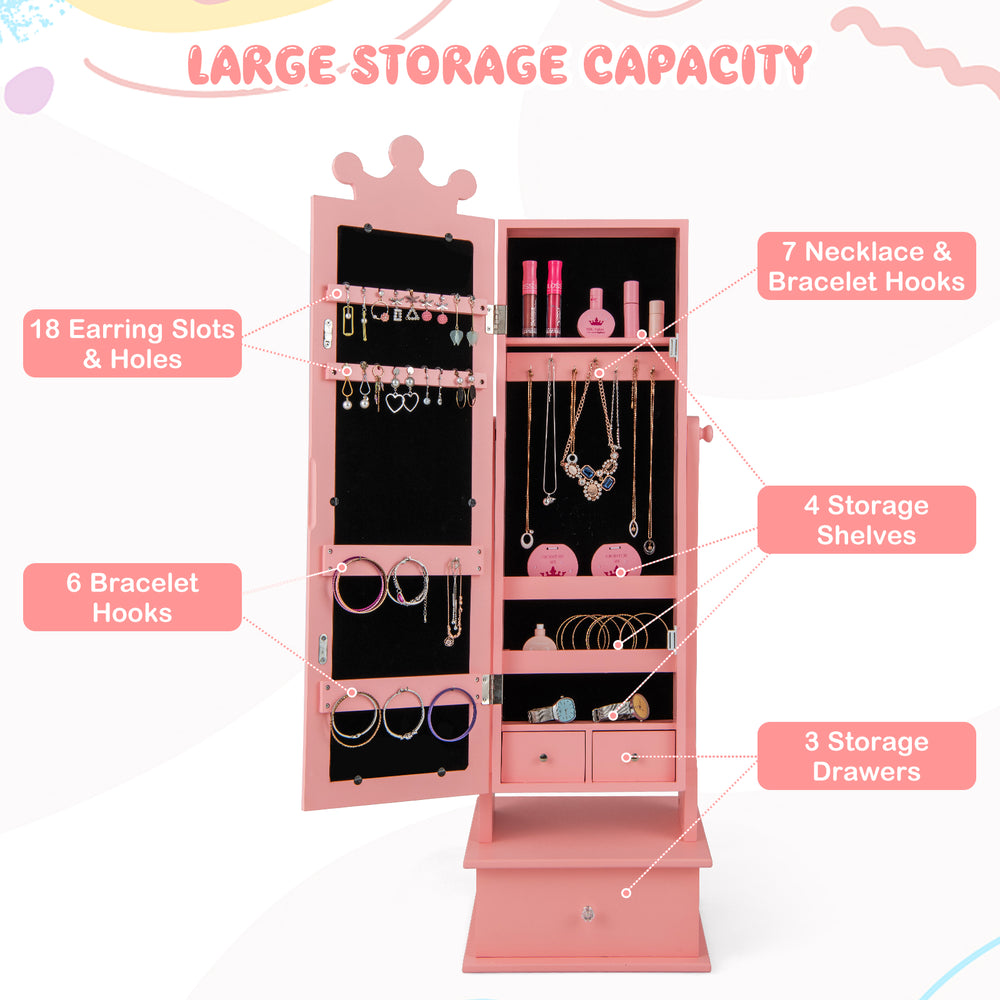 Kids play jewelry armoire in pink with full-length mirror, 18 earring slots, 7 hooks, and 4 storage shelves for.
