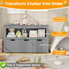 Kid toy storage cabinet in gray with 3 movable drawers and large open compartment for organized playroom storage.