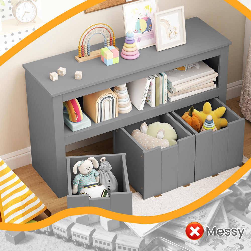 Gray kid toy storage cabinet with large open shelf and three drawers, stylishly organizing toys for a neat playroom.