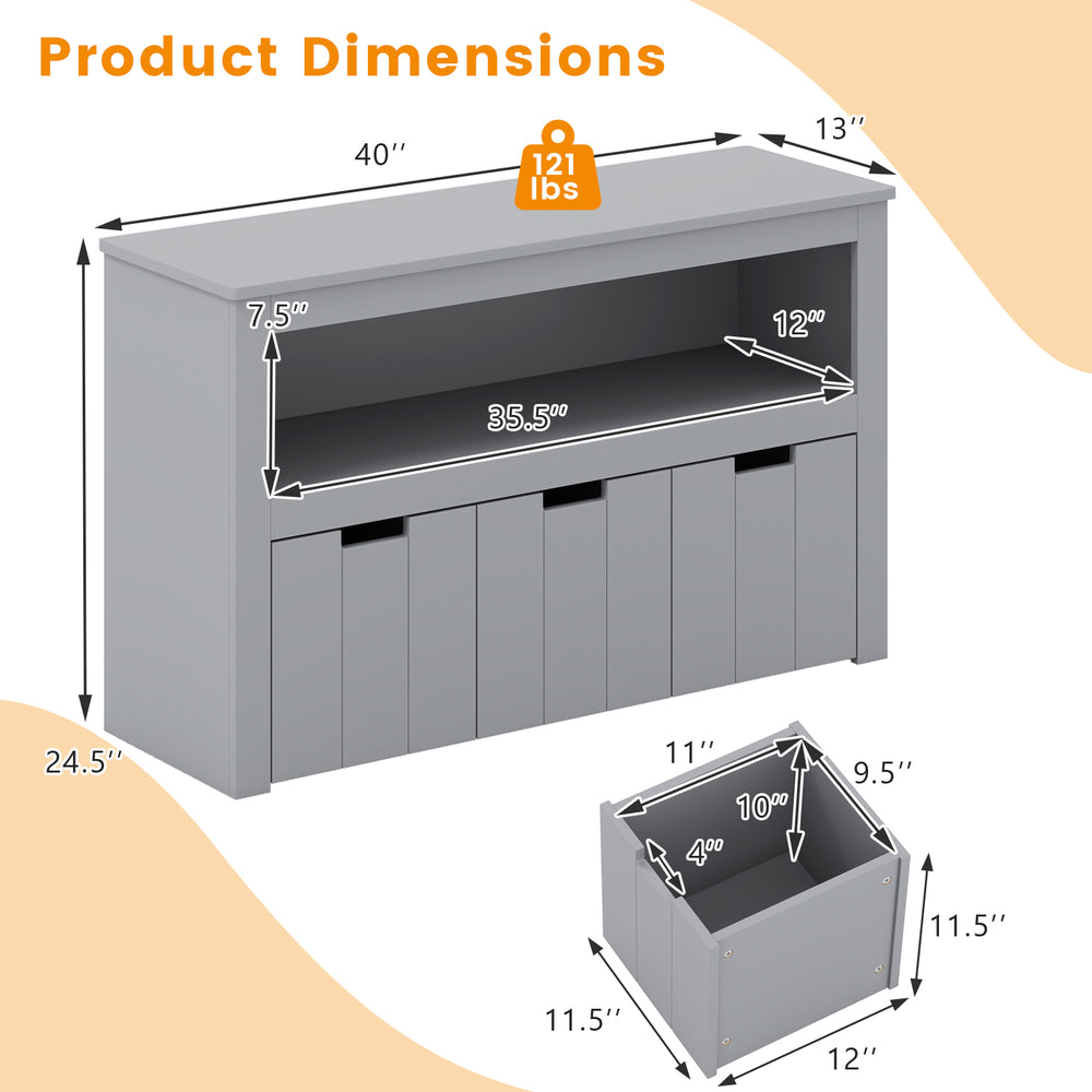 Gray kid toy storage cabinet with dimensions, featuring 3 drawers on wheels for easy access and large storage capacity.