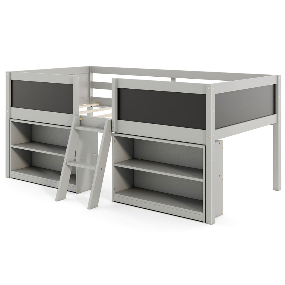 Costway Kids Twin Size Low Loft Bed with Chalkboard and Bookcases New