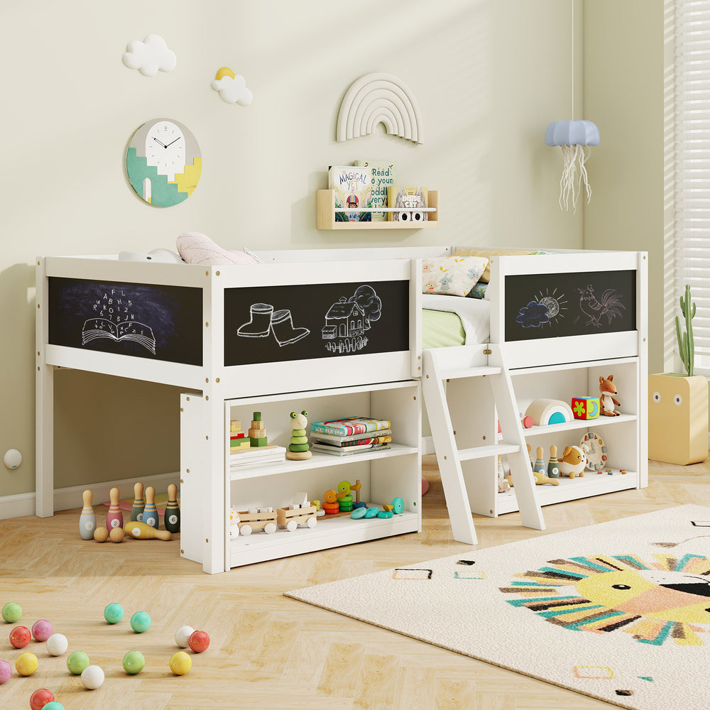 Costway Kids Twin Size Low Loft Bed with Chalkboard and Bookcases New