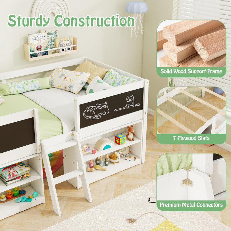 Costway Kids Twin Size Low Loft Bed with Chalkboard and Bookcases New