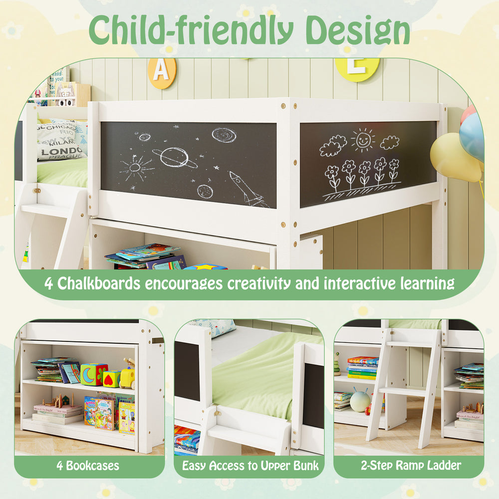 Costway Kids Twin Size Low Loft Bed with Chalkboard and Bookcases New