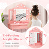 Tri-folding acrylic mirror with LED lights in pink, perfect for kids' vanity table and writing desk transformation.