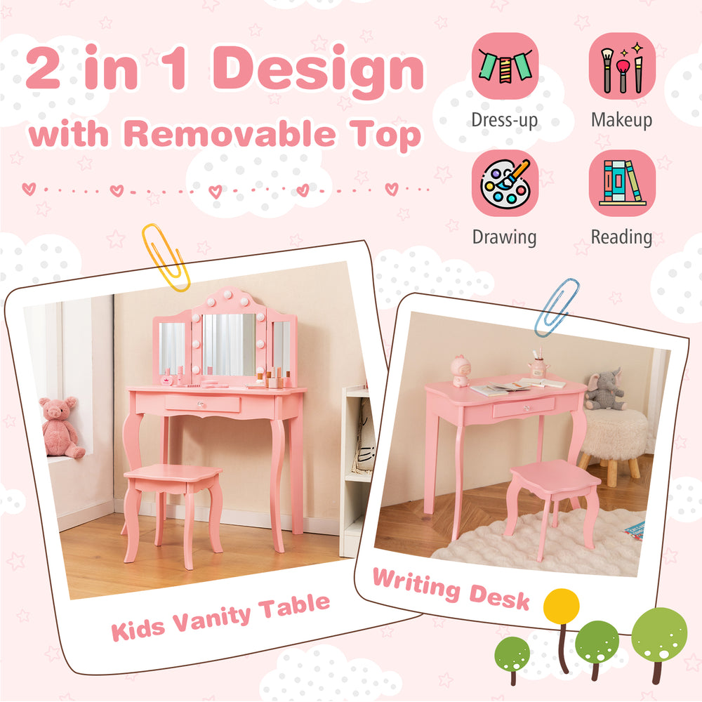 Kids vanity table set in pink with tri-folding mirror, removable top, and LED lights for versatile use as a writing.