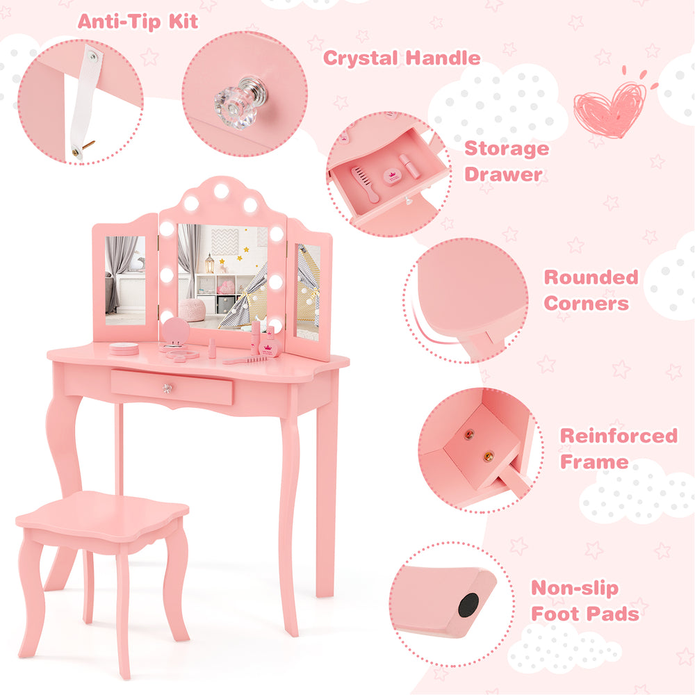 Kid vanity table set in pink with tri-folding mirror, LED lights, storage drawer, and rounded corners for safe use.