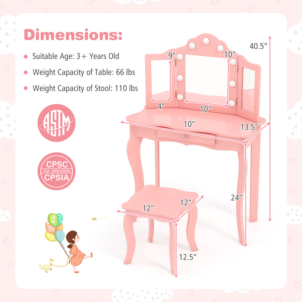 Kid vanity table set in pink with tri-folding mirror, LED lights, and spacious storage for kids' rooms.