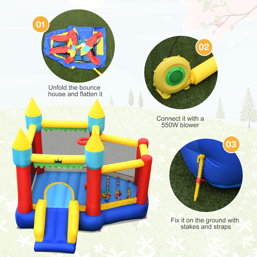 Colorful kid's inflatable bouncer with jumping area, mesh walls, and 480W blower for outdoor fun and safety.