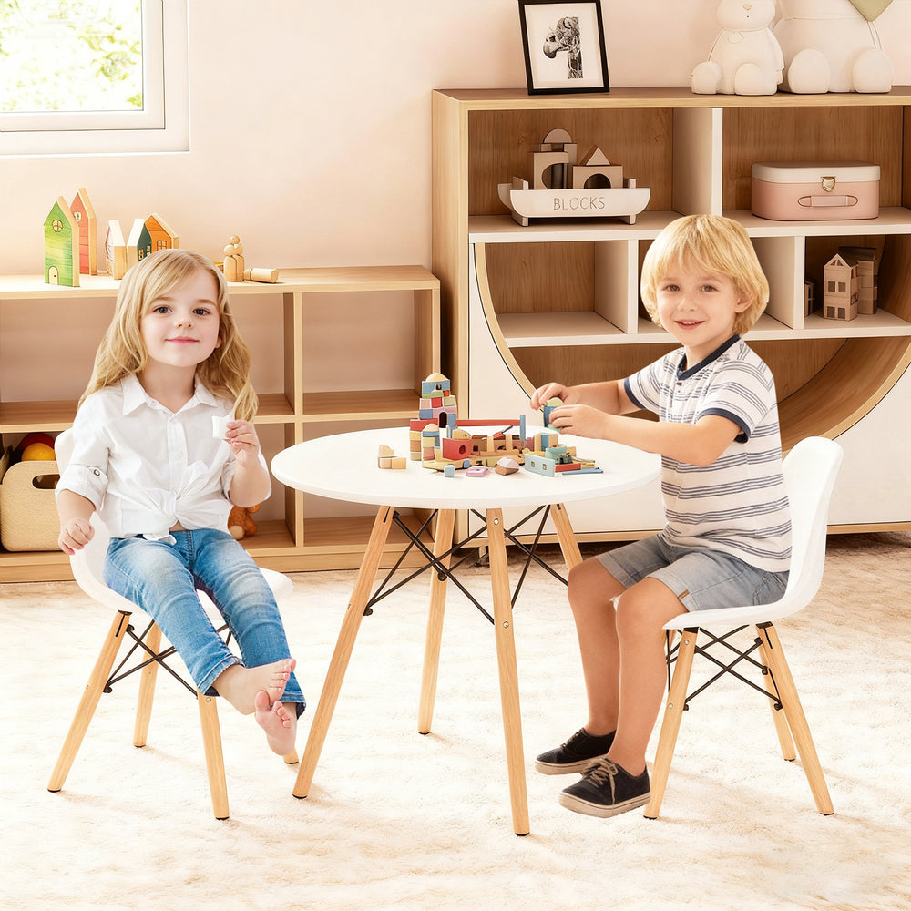 Kid's modern dining table set with two armless chairs, featuring a round design and sturdy wooden legs for playtime fun.