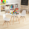 Kid's modern dining table set with two armless chairs, featuring solid wooden legs and a round design for safety.