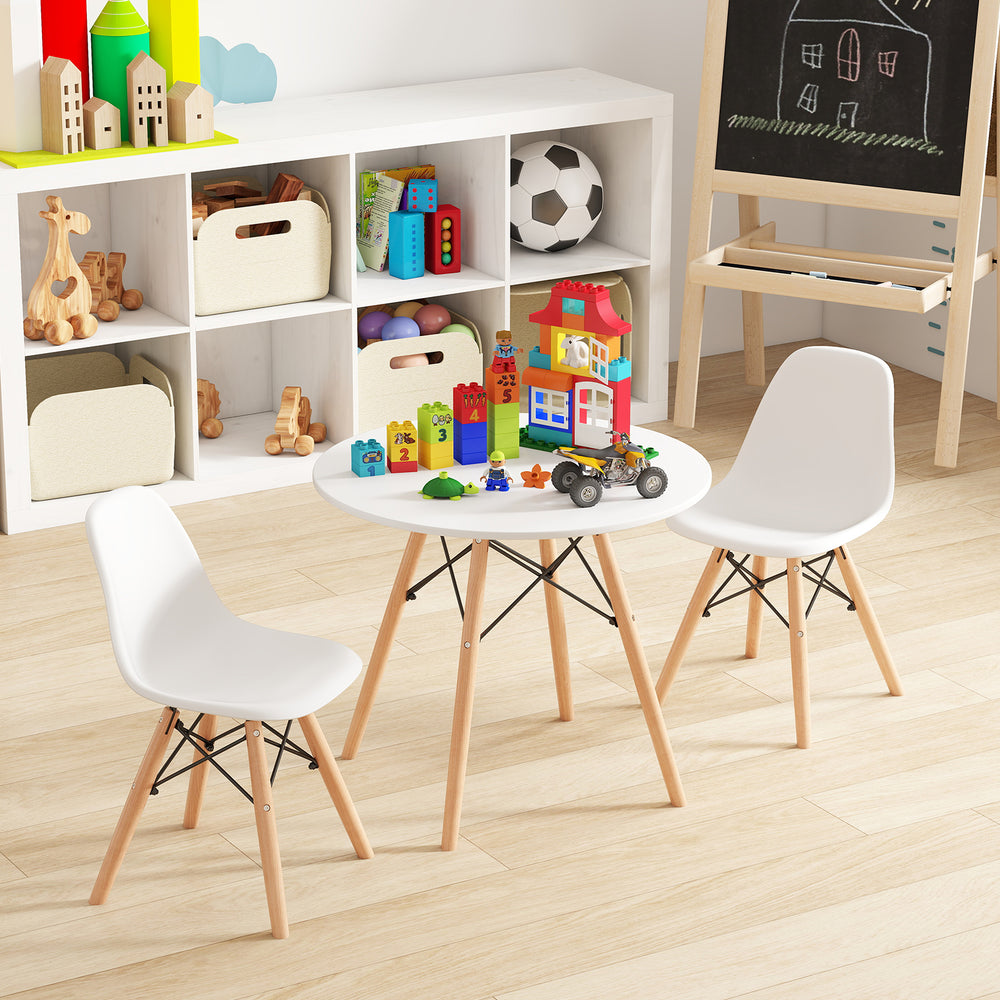 Kid's modern dining table set with two armless chairs, featuring solid wooden legs and a round design for safety.