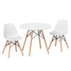 Kid's modern dining table set with two armless chairs, featuring sturdy wooden legs and a round design for safety.