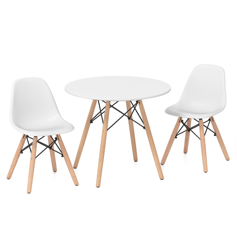 Kid's modern dining table set with two armless chairs, featuring sturdy wooden legs and a round design for safety.