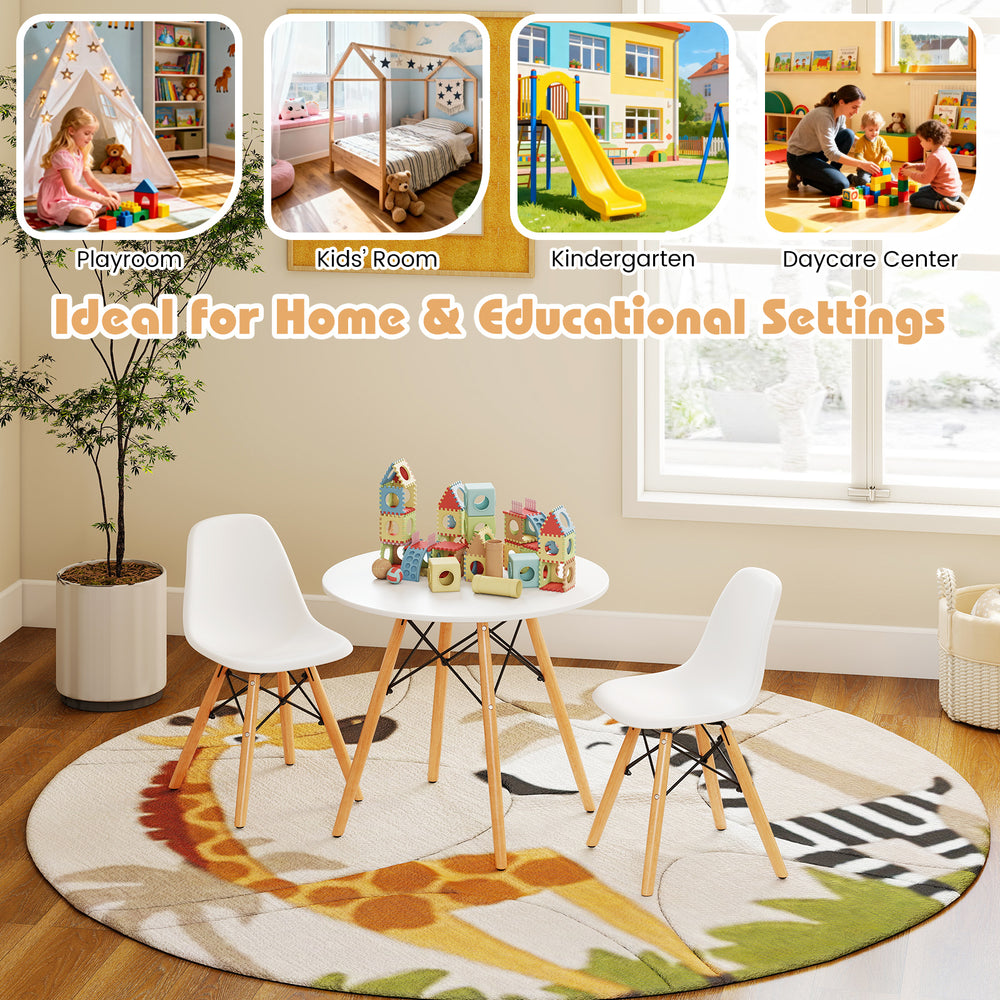 Kid's modern dining table set with two armless chairs, featuring a sturdy design and round shape for safety and comfort.