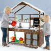 Children playing with the Kid's Mud Kitchen, a solid wood outdoor playset with a canopy, sink, and cooking features.