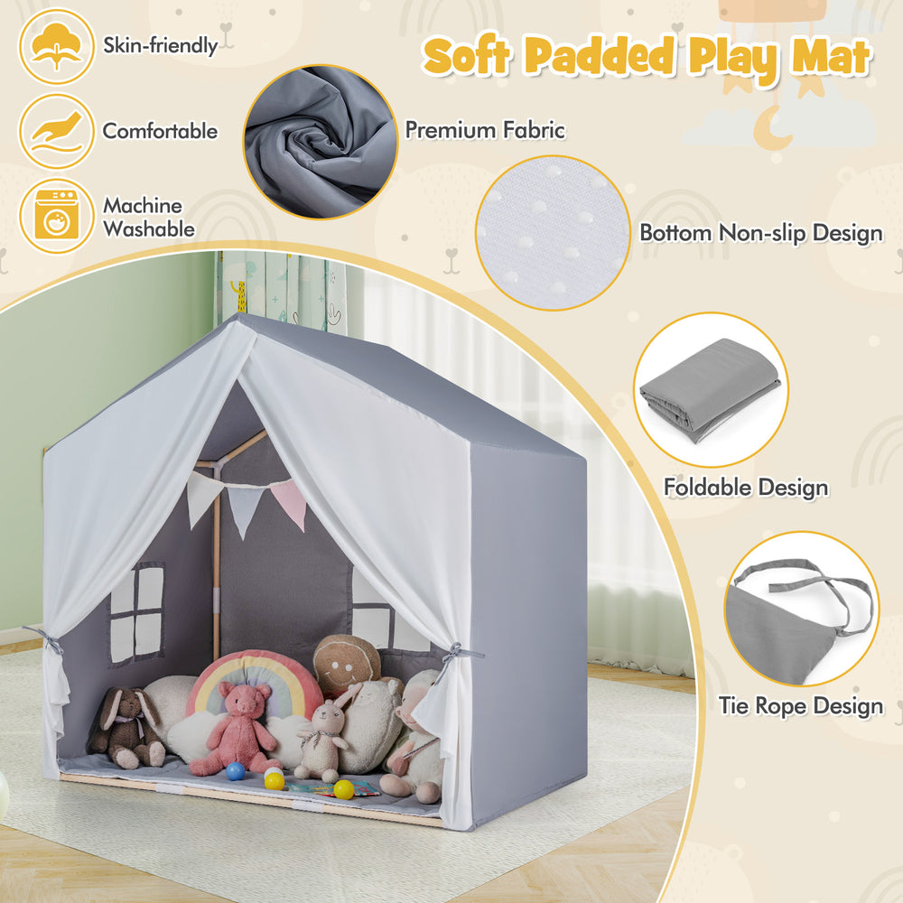 Gray kid's play tent with washable cotton mat, flag banner, and padded anti-slip bottom for indoor and outdoor fun.