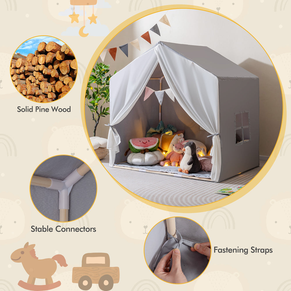 Kid's play tent in gray with washable cotton mat, flag banner, and solid pine wood frame for indoor and outdoor fun.