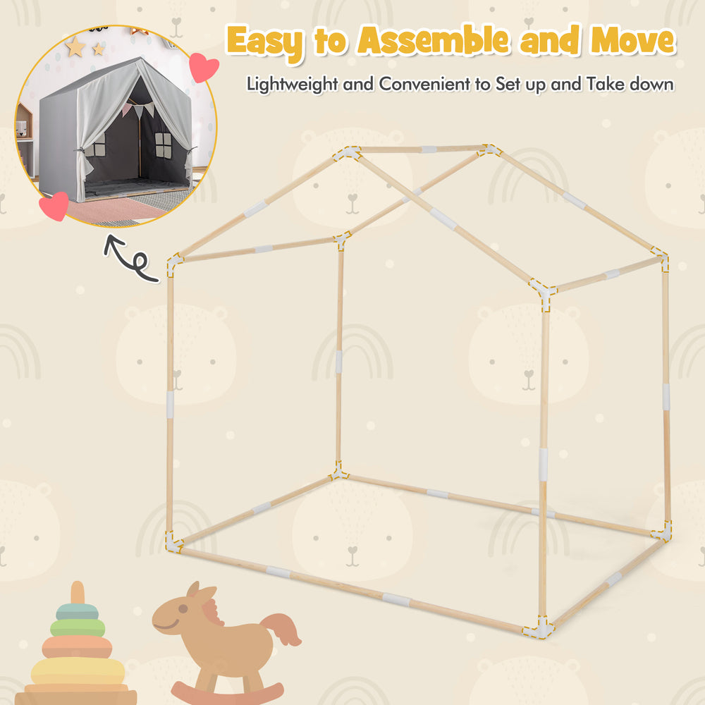 Kid's play tent with a durable wood frame and washable cotton mat, perfect for indoor or outdoor play.