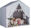 Kid's play tent in gray with washable cotton mat, flag banner, and ample space for indoor or outdoor fun.