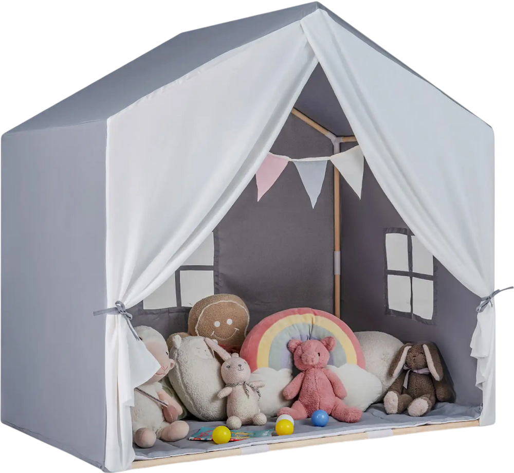 Kid's play tent in gray with washable cotton mat, flag banner, and ample space for indoor or outdoor fun.
