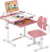 Kid's pink study desk and chair set with adjustable height, tiltable desktop, and book stand for versatile use.