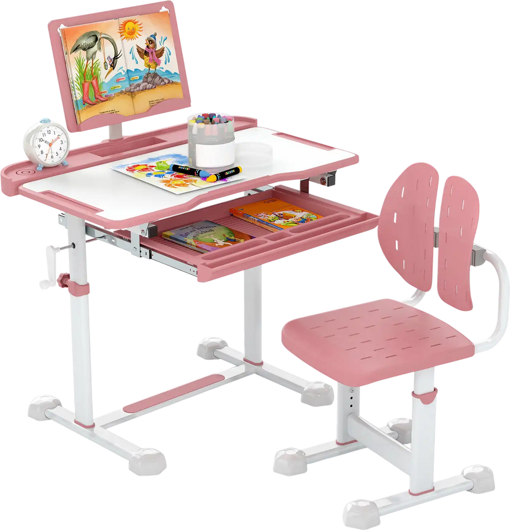 Kid's pink study desk and chair set with adjustable height, tiltable desktop, and book stand for versatile use.